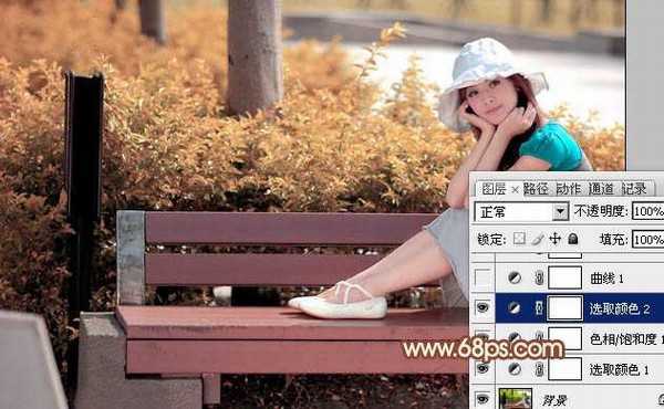 Photoshop为长凳上的美女打造出柔美的秋季红褐色